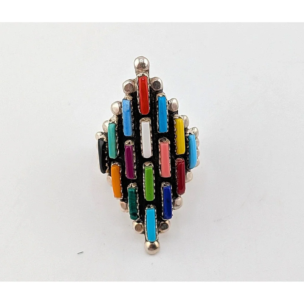 Navajo Turquoise Cluster Ring - Signed S Shorty Sz 8.5US‎ Handmade Native **
